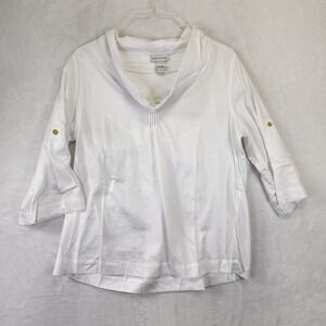 Soft Surroundings White Pintuck V-Neck Roll Tab Sleeve Casual Shirt Top Womens L